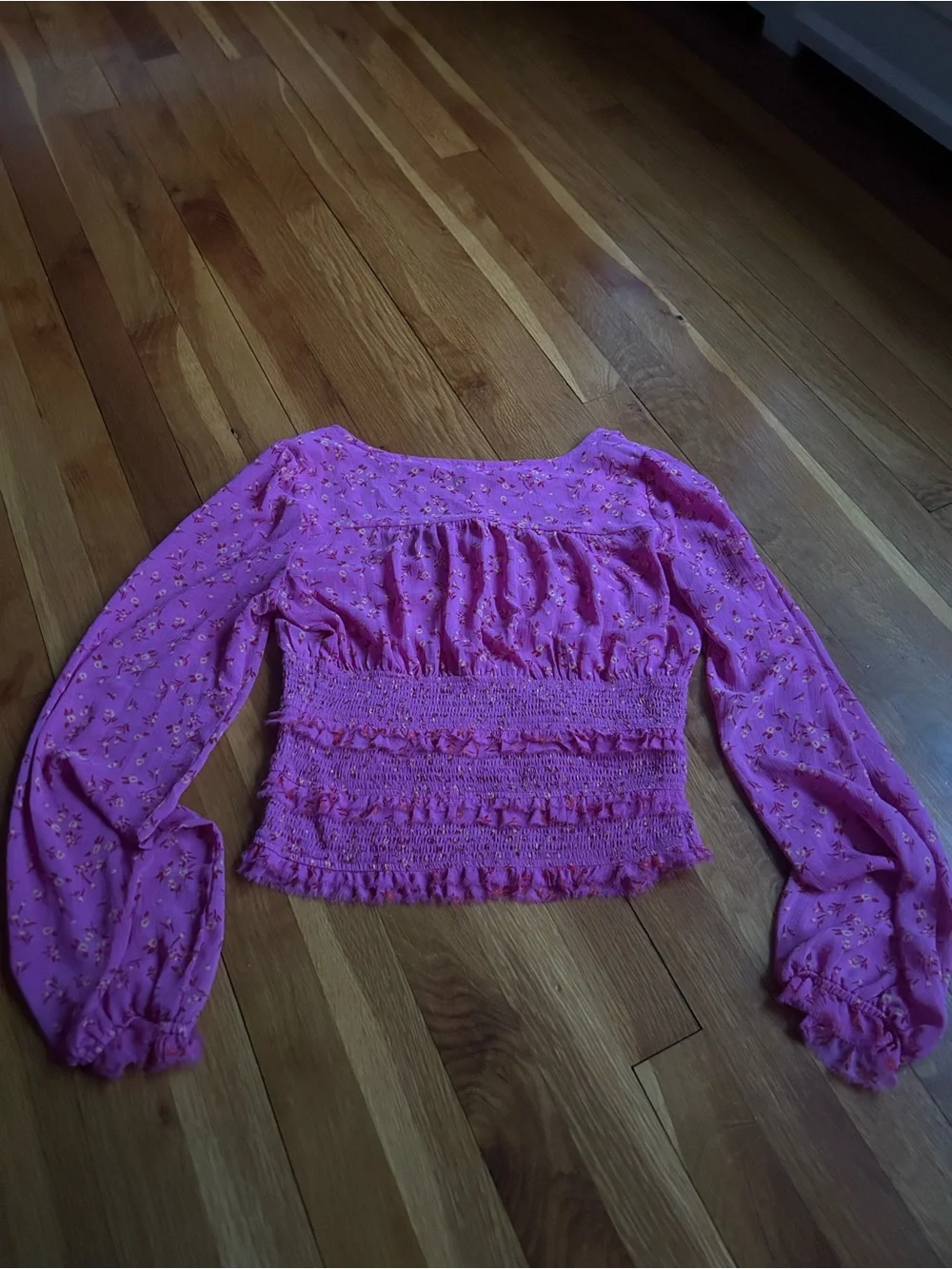 Free People Hot Pink Smocked Long-Sleeve Peasant Top